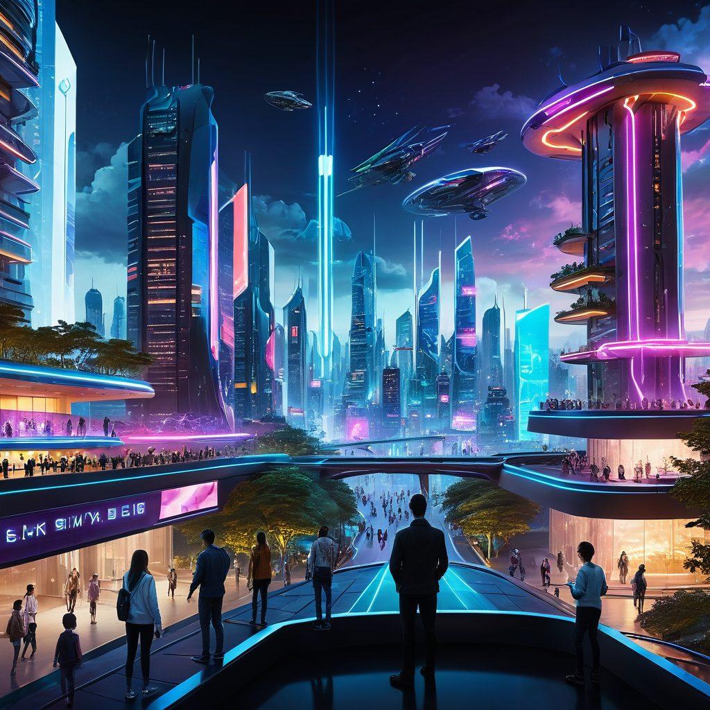 A futuristic city skyline featuring flying vehicles, interconnected smart buildings, and holographic insurance representatives assisting diverse individuals in a park. In the foreground, a family is engaging with a friendly AI companion providing emotional support. Neon accents illuminate the scene, emphasizing innovation and well-being. super-realistic. vibrant colors. cyberpunk.