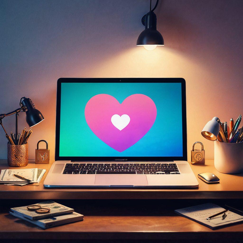 A cozy workspace featuring a sleek, modern smart device integrated with a heart symbol, surrounded by protective gear like a shield and a lock, emanating a warm glow. Soft pastel colors enhance the feeling of affection and security, while scattered financial symbols (like coins and banknotes) convey the theme of financial security. Energetic yet comforting atmosphere. digital art. vibrant colors.