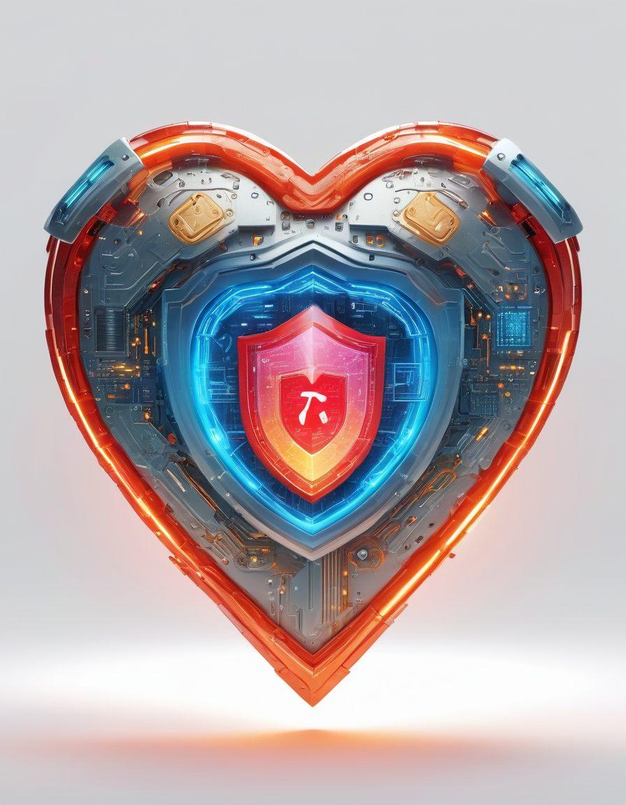 A heart-shaped shield symbolizing love and protection, surrounded by futuristic technology elements like digital locks and blockchain icons. In the background, a couple confidently embracing, depicting financial security and trust. Bright, optimistic colors radiating from the heart, with a glowing technology circuit design overlay. super-realistic. vibrant colors. white background.